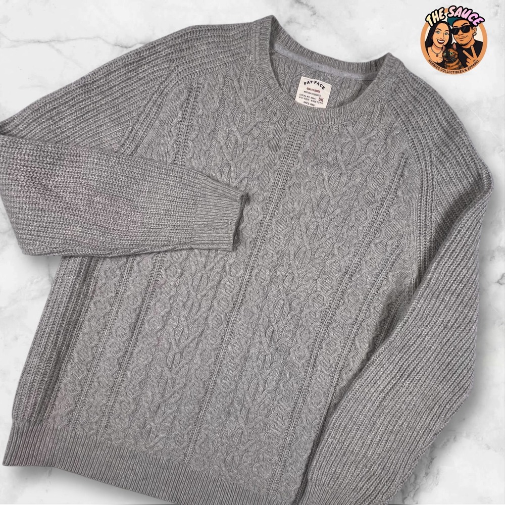 Fat Face Sweater Mens XXL Wool Blend Grey Cable Knit Crew Neck‎ Raglan Pullover
